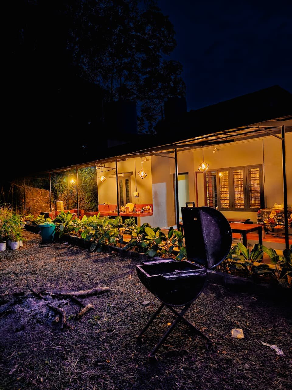 Barbecue grill in the garden at night