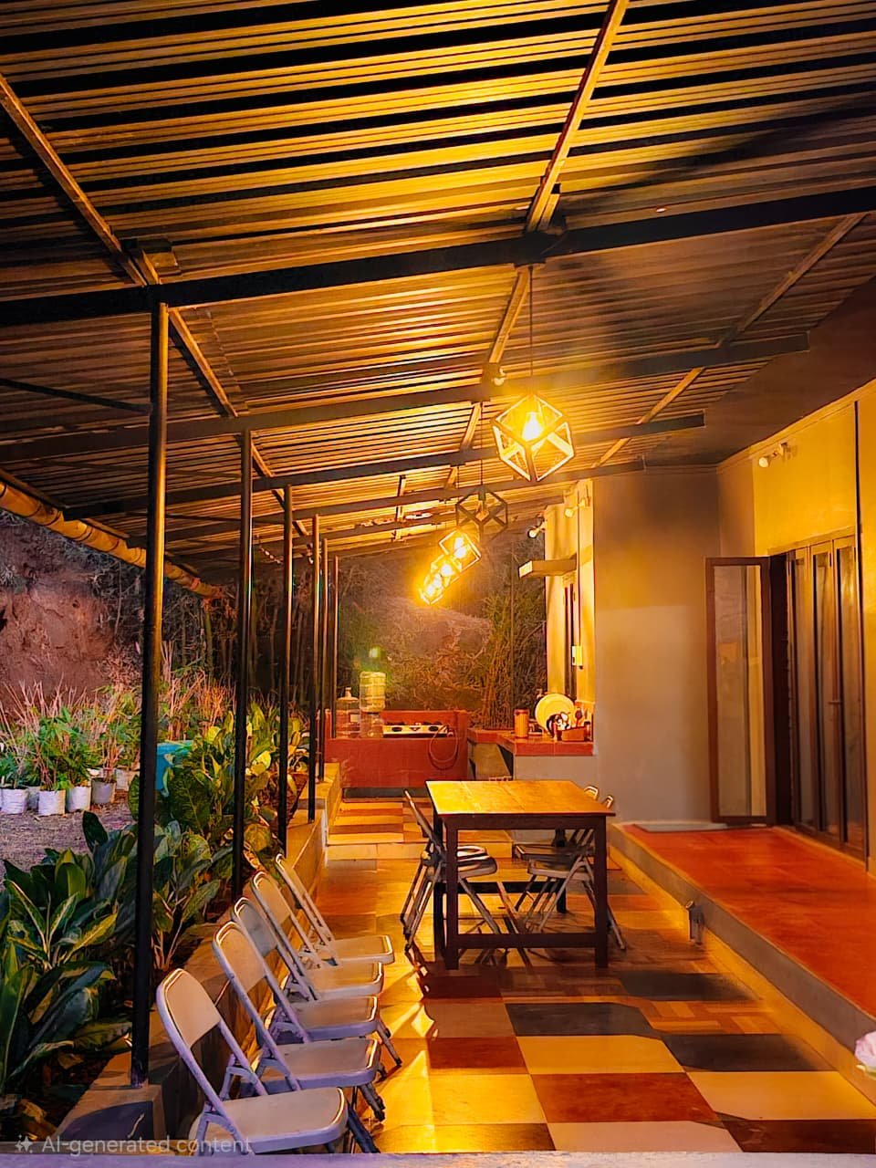 Open common hall with dining table and warm lights